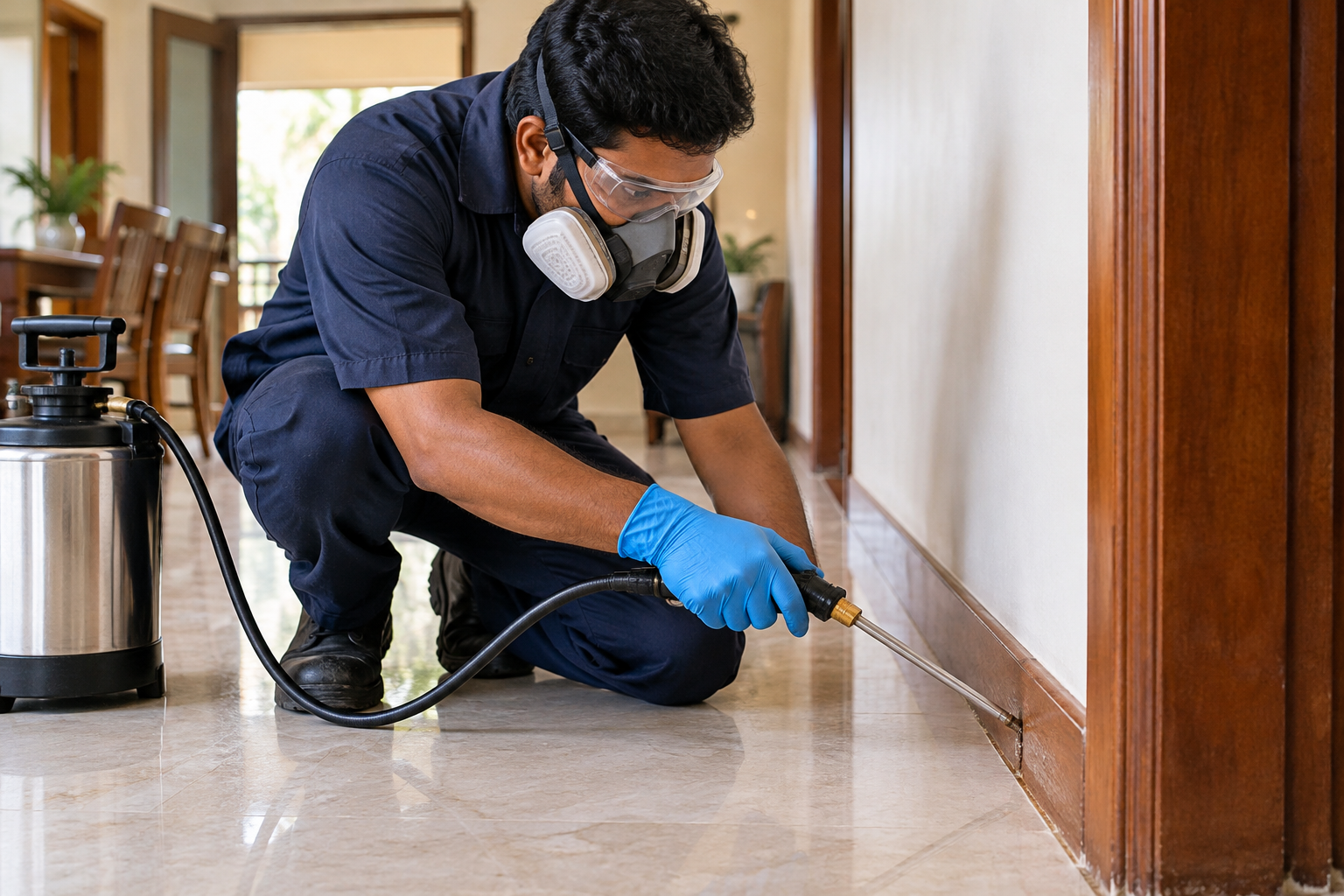Professional pest control technician providing treatment